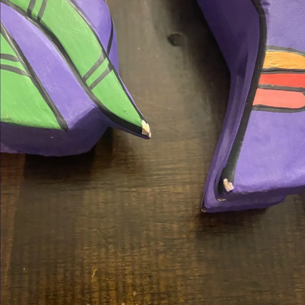 Vintage Laurel Burch Style Cat Statue Wood Carved Bright Purple set of 2